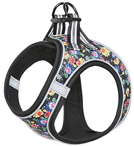 HEELE Hundegeschirr Hunde Kleine Hundegeschirr Anti Zug Atmungsaktiv Brustgeschirr No Pull Sicherheitsgeschirr Reflektierend Einstellbar Weich für Kleine Hunde Gehen Laufen Training, Blume Schwarz, L