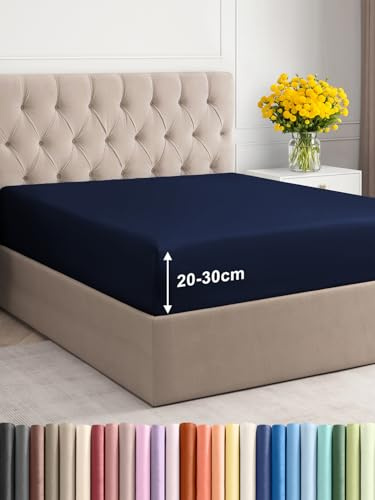 Spannbettlaken 180x200 - Mikrofaser Spannbetttuch 30cm (12) - Marineblau | Spannbetttuch, Boxspringbett, Weich, Knitterfrei, Bügelfrei, Atmungsaktiv, Hypoallergen, Rundumgummi, Gebürstet, OEKO-TEX