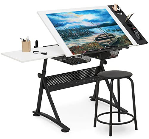 MoNiBloom Art Deco Drafting Table, Height-Adjustable, Tiltable Tabletop, Stool for Reading Writing Painting, Homeschooling Desk for Children with 2 Storage Drawers