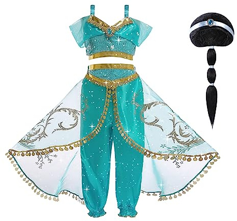 ACWOO Deguisement de Princesse Jasmine pour Enfants Filles, Costume de Princesse Jasmine avec Accessoires de Perruque, Filles Princesse Costume Habillage, Noël Halloween Anniversaire Fête Cosplay