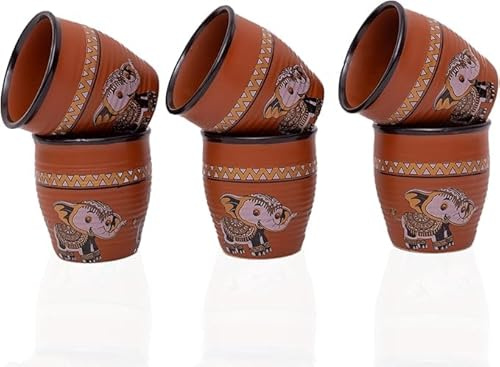 Juego de 6 tazas de café tradicionales hechas a mano de Kulhar Kulhad Chai Tea Cantaritos con acabado brillante, arcilla, terracota, estudio artesanal, cerámica, barro, marrón, apto para alimentos,