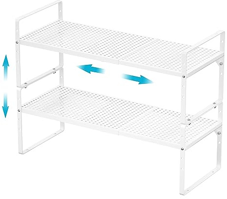 IPEGTOP 2er Set Ausziehbares Schrankregal Metall, Stapelbarer Küchen Organizer & Gewürzregal, Höhenverstellbar, Stabil für Arbeitsplatte, Schrank, Speisekammer & Bad, Weiß