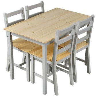 Panana Esstisch mit 4 Stühlen Set Kiefer Holz Essgruppe 4er Set Esszimmerstühle mit Esstisch für Esszimmer, Küche, Wohnzimmer Esszimmergarnitur (Kiefer Holz + Grau)
