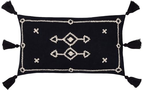 furn. Yard Folis Embroidered Cushion Cover – Global Geometric Embroidered Cotton Tasselled Edges Hidden Zip (Black – 50 x 30 cm)