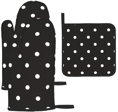 Set di 3 guanti e presine antiscottatura a pois bianchi e neri per cucina, cottura e grigliata, regalo di Natale per la festa della mamma