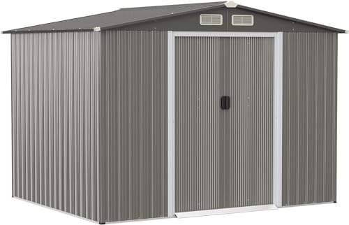 GOPLUS 4,74㎡ Abri de Jardin en Métal Galvanisé avec Base, Cabine de Jardin Extérieur Porte Coulissante, Résistant aux Intempéries, Cabane de Rangement à Outils 8,59m³, 260 x 207x181cm, Toit Gris Foncé