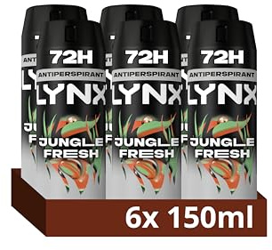 Lynx Jungle Fresh Anti-Perspirant Aerosol Men's Deodorant Spray with ProScent technology and a palm leaves & amber scent for 72 hours protection against odour and wetness 6x 150 ml