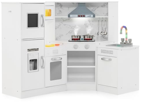 GOPLUS Cuisine Enfant, Cuisine d’Angle avec Tableau Noir, Hotte, Micro-Ondes, Four, Jouet de Cuisine en Bois avec Effets Lumineux et Sonores, Accessoires Riches, Cadeau pour Enfant 3+ Ans (Blanc)