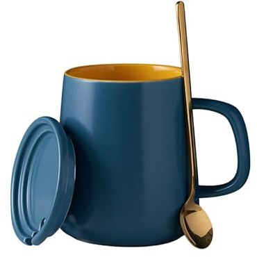 UIOPPOI Tazas de café de cerámica Europeas con Tapa y Cuchara Dorada, Tazas de café Simples de Gran Capacidad, Taza Suave y Resistente al Calor para té y Leche 400ML/13.5OZ A