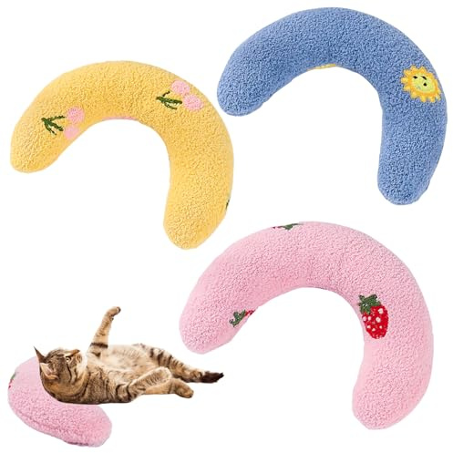 3 Stück Ruhiges Kissen für Hunde, Nackenkissen für Haustiere, Spielzeug mit Minze für Katzen, U-förmige Kissen zum Schutz der Halswirbelsäule, geeignet zum Schlafen, Spielen, Rosa, Gelb, Blau