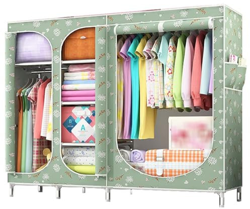 Tragbarer Kleiderschrank-Aufbewahrungsschrank, Kleideraufbewahrungsschrank mit 360°-Abdeckung, Kleiderständer aus Metall mit Seitentaschen für Wohnzimmer und Schlafzimmer (Farbe: Grün, Größe