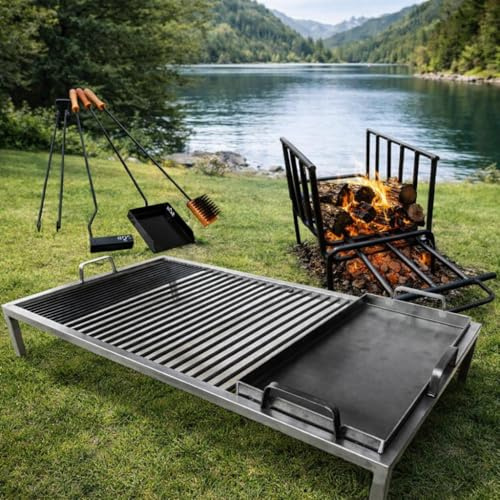 Argentinischer BBQ Parrilla Asado - Sor Pampa mit abnehmbaren Eisenmodulen + Feuerschale + Feuerwerkzeuge - Eisen Argentinien (91,4 x 61,0 cm) Cod 003