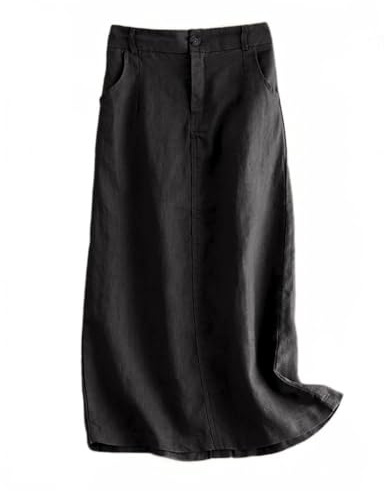 Kinghua Black Linen Skirt for Women Elastic High Waisted Casual Straight Cotton Linen Midi Skirt with Slit (Black, M)