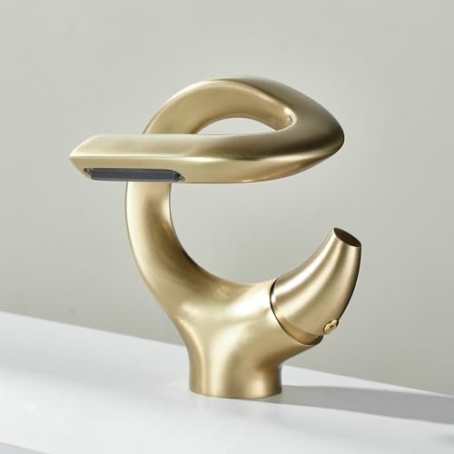 MocArt 7012 Wasserfall Wasserhahn, Hotel-Badewannen-Mischbatterie, Badezimmer Warm und Kaltwasserhahn, Keramikventilkern, kreative Form, wassersparendes Design (Mattes Gold)