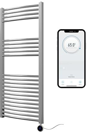 Greened House Chrome Electric Smart WiFi Controlled Heated Towel Rail 500mm W x 1200mm H Curved 7 Day Programmable Timer App Compatibility