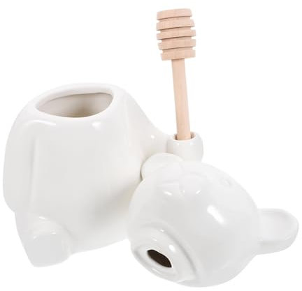 CONGARTENO Bear Shape Honey Jar Wooden Dipper Ceramic Honey Pot Container for Kitchen Syrup and Jam Storage White Embossed Fruit Jam