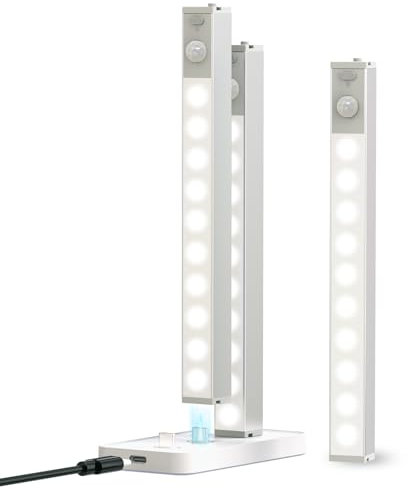 3 Pack Under Cabinet Kitchen Lights, 7 Rechargeable Motion Sensor Under Counter Lights with Charging Station Dimmable Cupboard Light Indoor Auto On/Off Night Light for Wardrobe Closet Stair Hallway