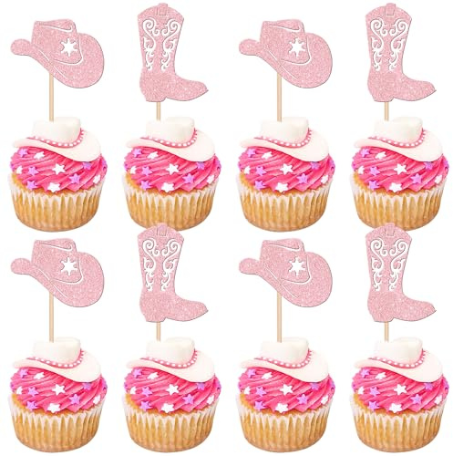 SYKYCTCY 24 Pack Cowboy Cupcake Toppers Glitter Hat Boot Cupcake Picks Western Cowboy Birthday Cake Decorations for Western Theme Baby Shower Birthday Party Supplies Pink