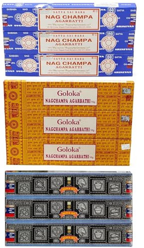 Incienso Goloka Nag Champa + Satya Nag Champa + Satya Super Hit. 3 Paquetes Cada Caja. Lote de Inciensos más vendidos