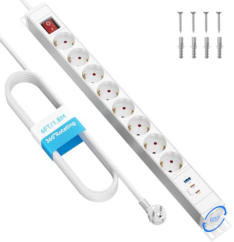 Sewingvr Regleta Enchufes 8 Tomas con Protección contra Sobretensiones y USB (2× USB-C PD 20W, 1× USB-A), Regleta Giratoria 360° para Montaje en Pared, Cable de Extensión 1,8 m, 16A/4000W, Blanco