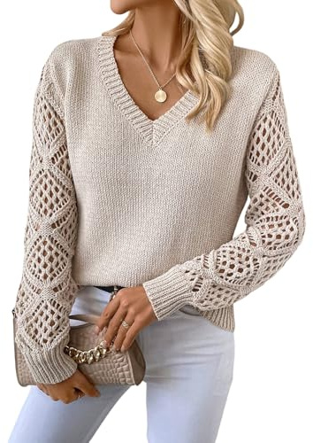 GORGLITTER Damtröja elegant V-ringad stickad tröja höst långärmad tröja ledig topp basic virkad tröja, Beige, XL