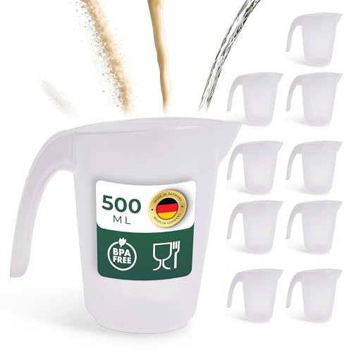 Novaliv Set risparmio di 10 misurini da 500 ml, misurino da 0,5 l, trasparente, con scala da g/ ml, per liquidi, farina e zucchero, Made in Germany, lavabile in lavastoviglie, contenitore grande e