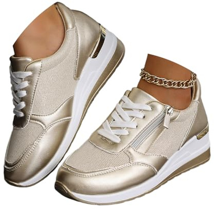 Zapatillas de cuña para mujer, zapatos de plataforma para mujer, con cordones, cómodos, clásicos, zapatos de tacón de cuña de moda, informales, con cremallera, Gold, 0 UK Wide