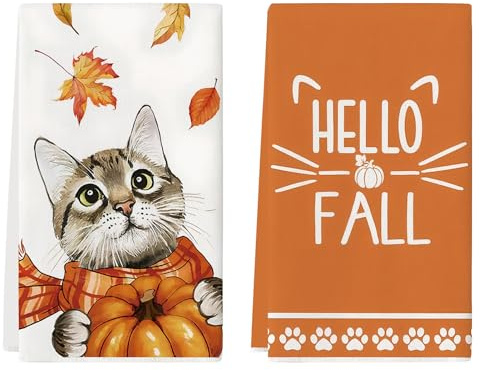 exatta 2 Stück Geschirrtücher Herbst, Geschirrtücher mit Katzenmotiv | Thanksgiving Geschirrtuch,GeschirrtücherHerbstlich,Herbst Tea Towel,38.5×58.5cm Geschirrtuch Katze für Autumn Fall Dekoration