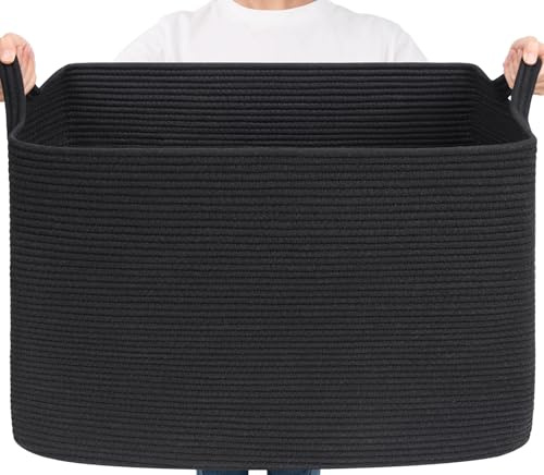 TIMEYARD 105L Großer Aufbewahrungskorb Baumwollseil Geflochten Schwarz | Extra großer Korb für Decken, Kleidung und Spielzeug. Ideal für Wohnzimmer, Schlafzimmer und große Aufbewahrung
