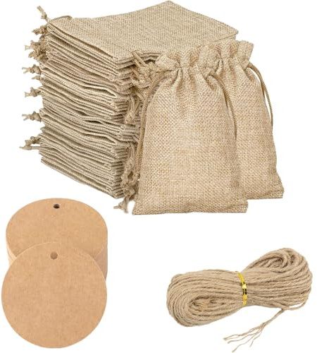 40 Pcs Bolsitas De Tela Pequeñas Saquitos De Tela Para Regalos Mini Bolsas Arpillera Bolsas Yute Con Cordón 7*9cm Regalos De Boda Mit 100 Tarjetas Redondas Y 1 Pcs 20 Metros De Largo Cuerda Cáñamo
