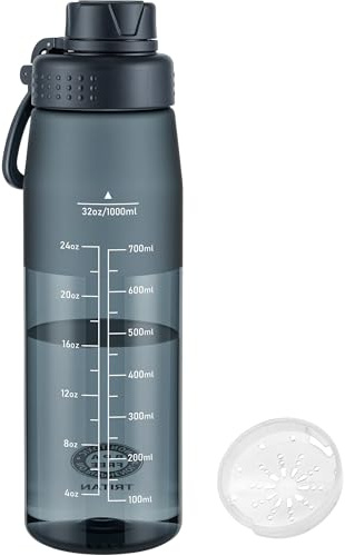 GOPPUS 1L/32oz Clear Tritan Water Bottle with Screw Lid, Drinks Bottle with Wide Mouth, Fruit Infuser, Leakproof, BPA Free, Carry Handle, Measurement Markings, Dust Cap (Smoke Grey)