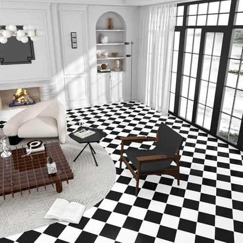 Waterproof Peel and Stick Floor Tiles 12” x 12” 10-Pack, Matte Vinyl Adhesive Flooring Stickers, Removable DIY Black White Squares for Renters, Bathroom, Kitchen