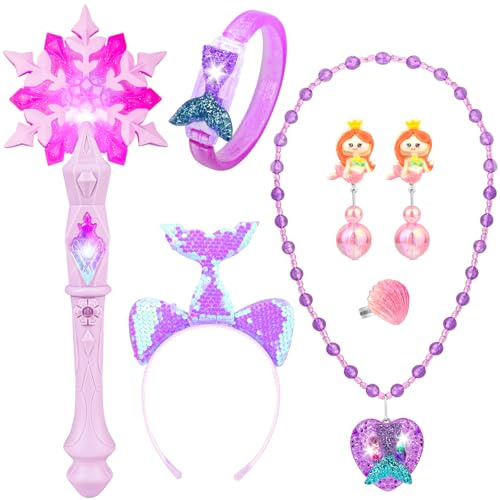 Bacchetta Magica Luminosa per Bambina Bacchetta di Fiocco di Neve con Effetti Sonori Kit Principessa Cerchietto Braccialetti Luminosi Collana con Ciondolo Luminoso Led Gioielli Sirena per Bambina