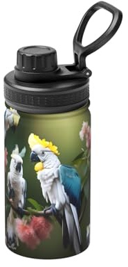 Superbe bouteille d'eau isotherme en métal avec imprimé cacatoès, oiseau et fleur, 355 ml, en acier inoxydable, garde au froid et au chaud