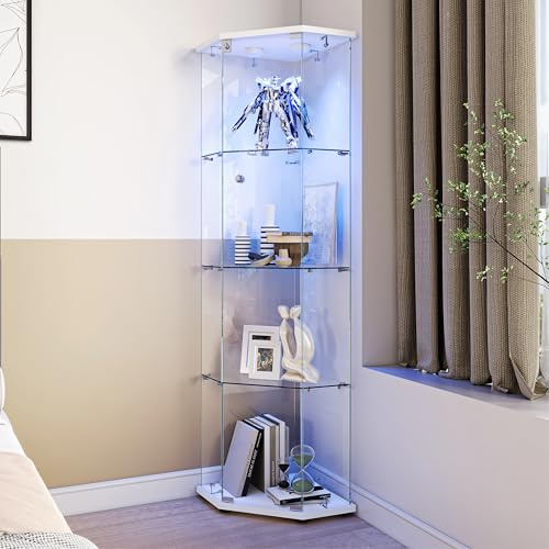 BRILVERDE Vetrina in Vetro LED Angolare, Mobile Espositore con 4 Ripiani e Porta con Serratura, Vetrinetta per Collezioni, Libri, Modellini, Soggiorno e Ufficio (Bianca, 164 x 42,5 x 36,5 cm)