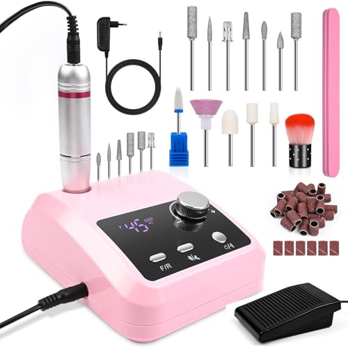 Torno para Uñas 45,000RPM Profesional Lima Electrica Uñas Set de Manicura y Pedicura con Brocas Pulidor Broca,Pedal,Pantalla LED Eléctrica del Taladro del Clavo para Salón DIY/Lima de Uñas Pedicura