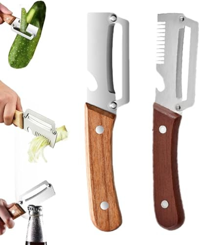 2pcs 3 en 1 Éplucheur Multifonction en Acier Inoxydable, Éplucheur Légumes avec Manche en Bois, Slicing and Integrated Bottle Opener,Canning Tool Kitchen Peeler (Couper + peler(Poignée en bois))