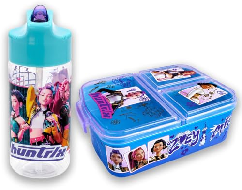 MARUKATSU Kpop Set Sandwichera Infantil con Compartimentos y Botella 410ml para Niños y Niñas | Fiambrera Escolar + Botella Reutilizable |