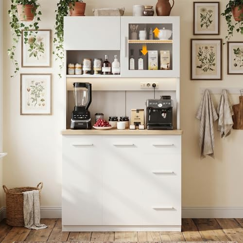 JUMMICO Buffetschrank, 100 x 40 x 182(H) cm, Küchenschrank mit 2 Steckdosen und LED Streifen 3000K, Küchenbuffet mit verstellbaren Einlegeboden und Arbeitsplatte 24 mm, Weiß