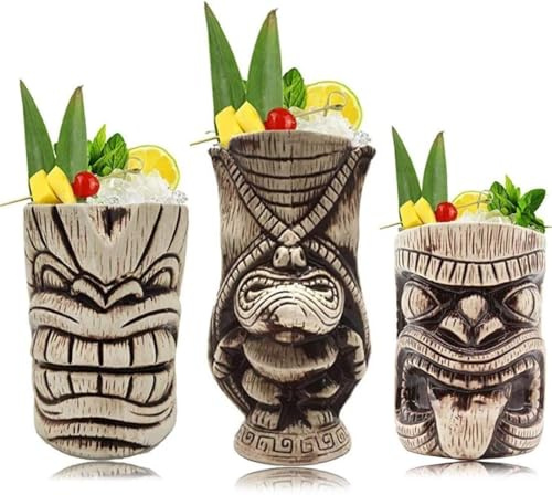 Tiki Tassen-Set – große Keramik-Tiki-Becher, Cocktailbecher für Mai Tai, Punch, Pina Colada und tropische Bargetränke (Tikiset)