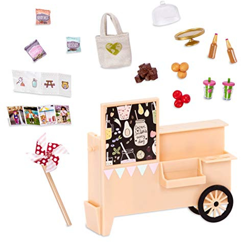 Verkaufswagen für Puppenspiel mit Tafel, Rädern und sichtbaren Details | Standwagen für Puppenspiel mit Tafel, zwei Rädern, seitlichen Fächern und auf dem Bild gezeigten Accessoires, Geschenkidee