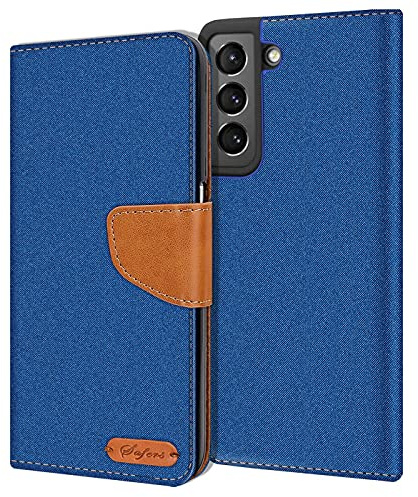 Verco Coque pour Samsung S21, Étui Portefeuille Compatible avec Samsung Galaxy S21 Case Textures de Fibre Housse de Protection, Bleu