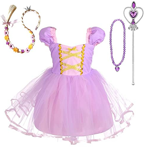 Lito Angels Vestito Costume Principessa Rapunzel con Accessori per Bambina, Abito Casual Estivo Gonna in Tulle, Taglia 2-3 anni, Viola 109
