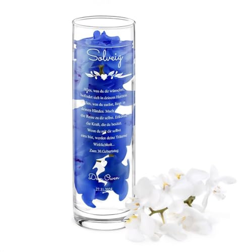 Maverton Glasvase mit Gravur Ø 8 cm - Tischvase hoch - Blumenvase für Frauen - zylindrisch rund - Deko Wohnzimmer - personalisierte Deko Vase - zum Geburtstag zum Muttertag - Blätter