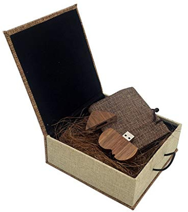 Desuerte Chiavetta USB in legno a forma di cuore in noce con chiavetta USB regalo con scatola regalo in stoffa da 16 GB per matrimonio e compleanno