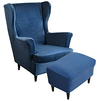 Highdi 2 Teilig Samt Ohrensessel Überzug Mit Ottomane Schonbezug, Sessel-Überwürfe Ohrensessel Schonbezüge Bezug Sesselhusse Stretch Tiger Stuhlbezug mit Armlehne Hohe Rückenlehne (Dunkelblau)
