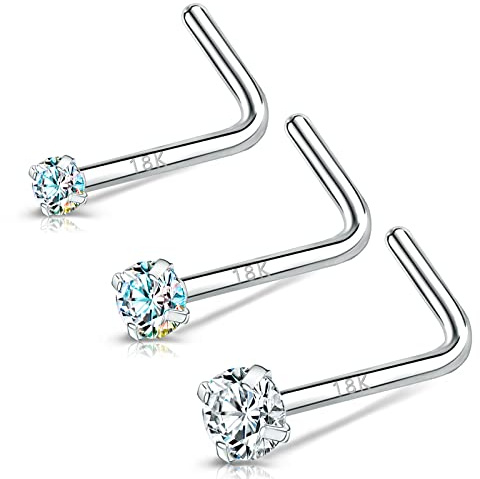 BodyAce 20g Real Solid 18k Nose Rings for Women Men, 18K White Gold Nose Rings Studs, Simulated Diamond Nose Piercing Jewellery 1.5mm 2mm 3mm (A:L-Shaped)