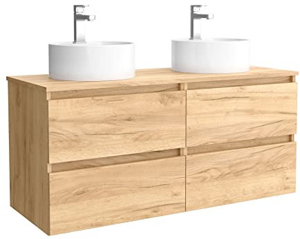 Salgar Mueble de baño Bequia 120 cm con 2 lavabos 100% montado de fábrica | Acabado Roble suspendido 4 cajones Cierre amortiguado Apertura con uñero | Lavabos sobre encimera