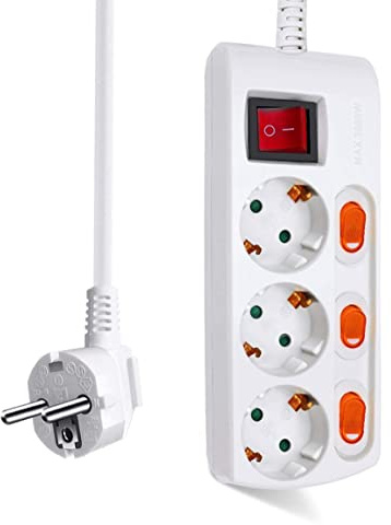 EXTRASTAR Regleta con 3 Enchufes + 3 Interruptor Individuales, 1 Interruptor Principal, 3680W, 250V, 1.5M, Blanco, 1pcs