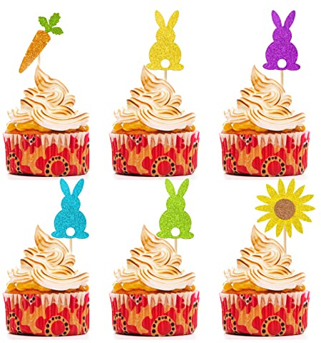 6PCS Glitter Easter Bunny Cupcake Toppers, Easter Cake Decorations, Cute Rabbit Carrot Sunflower Cupcake Picks for Easter Themed Party Decorations